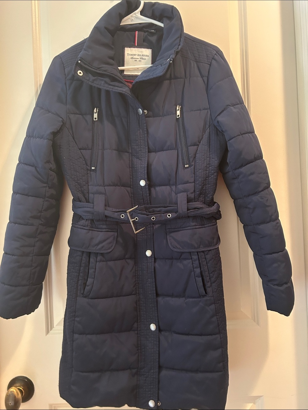 Tommy Hilfiger Navy Quilted Belted Puffer Long Jacket Coat pockets Women size S